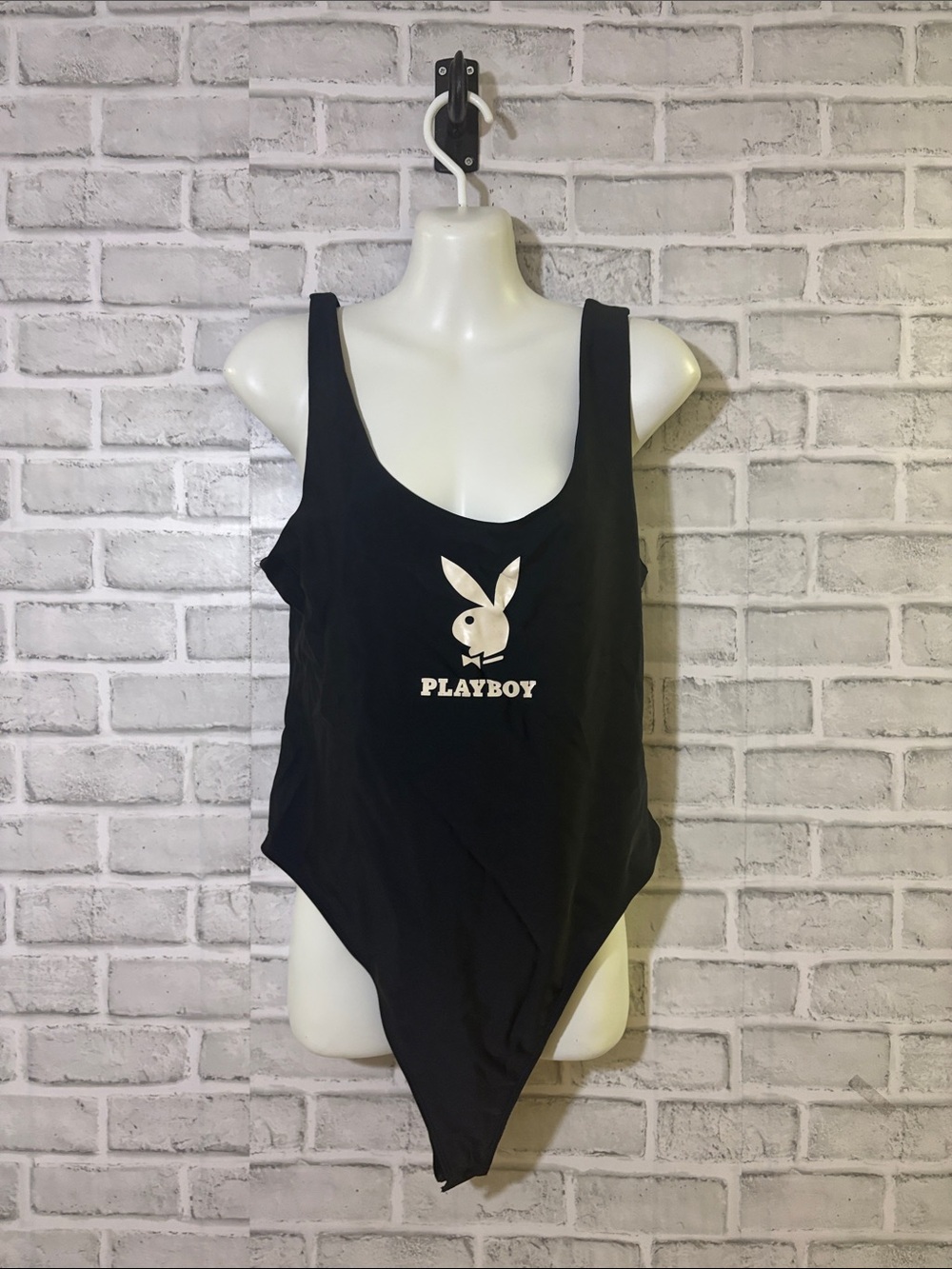 PLAYBOY Black Bathing suit, snap at bottom with white Bunny Logo, XL